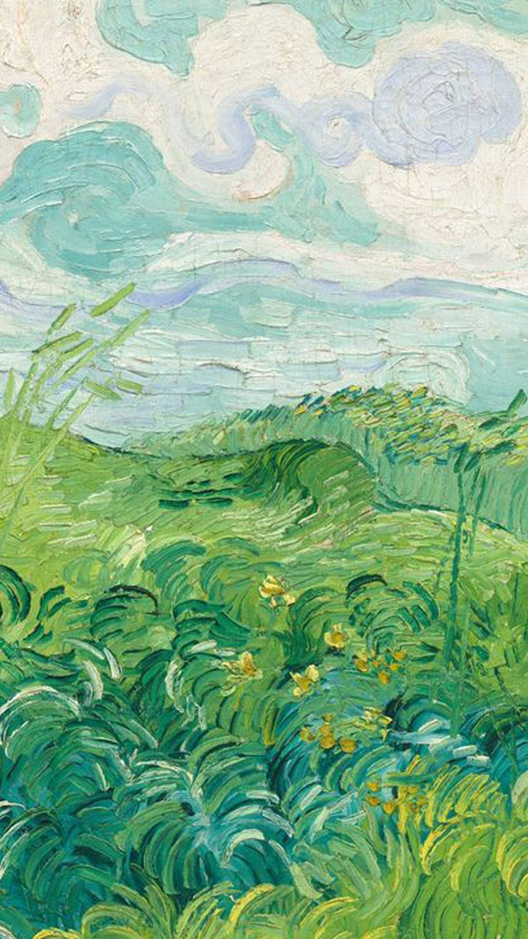 A Painting Of A Green Field With Grass And Clouds Background