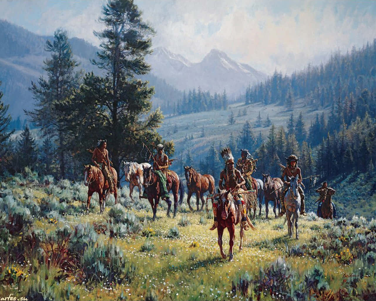 A Painting Of A Group Of Cowboys Riding Horses Background