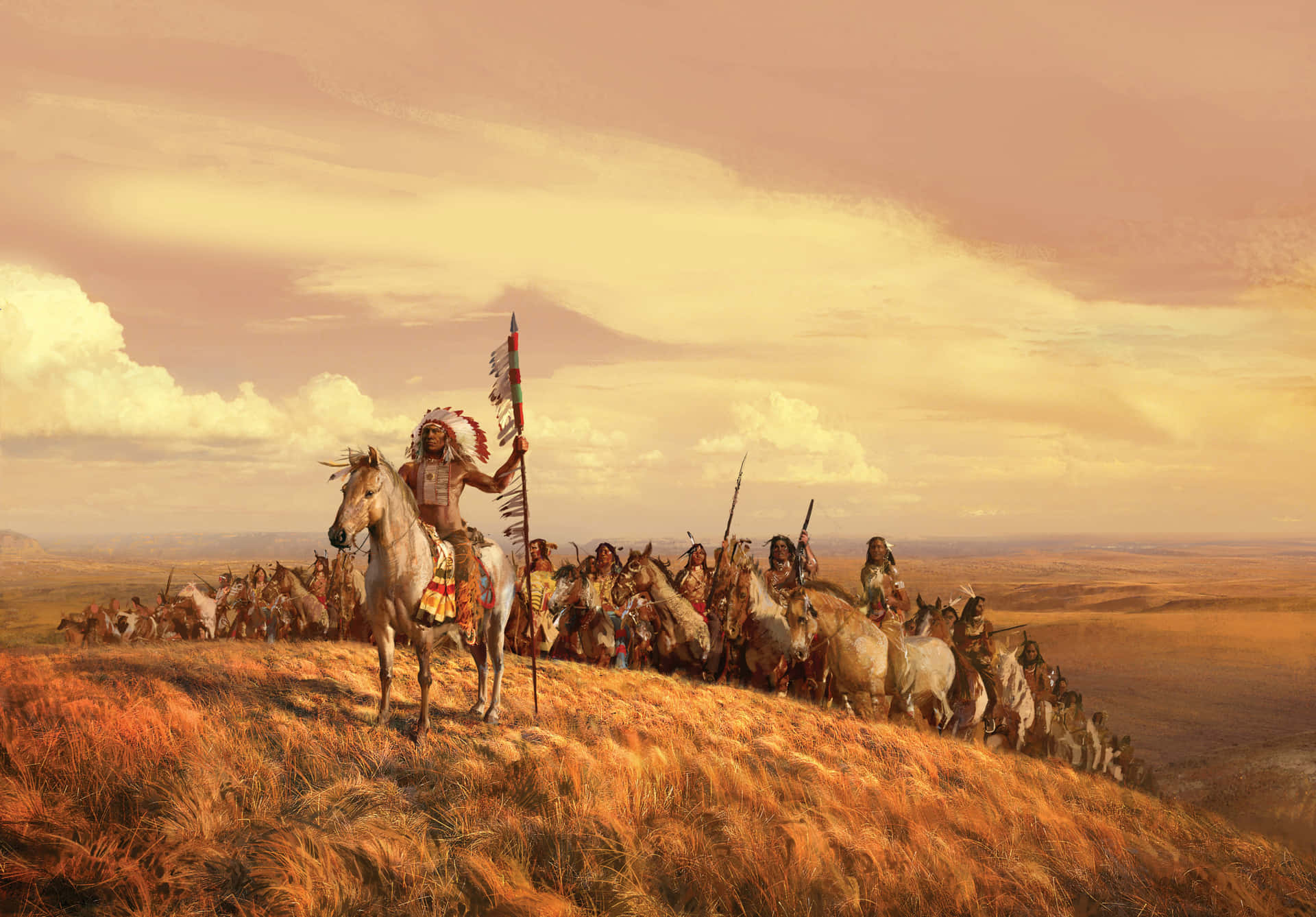 A Painting Of A Group Of Native Americans Background