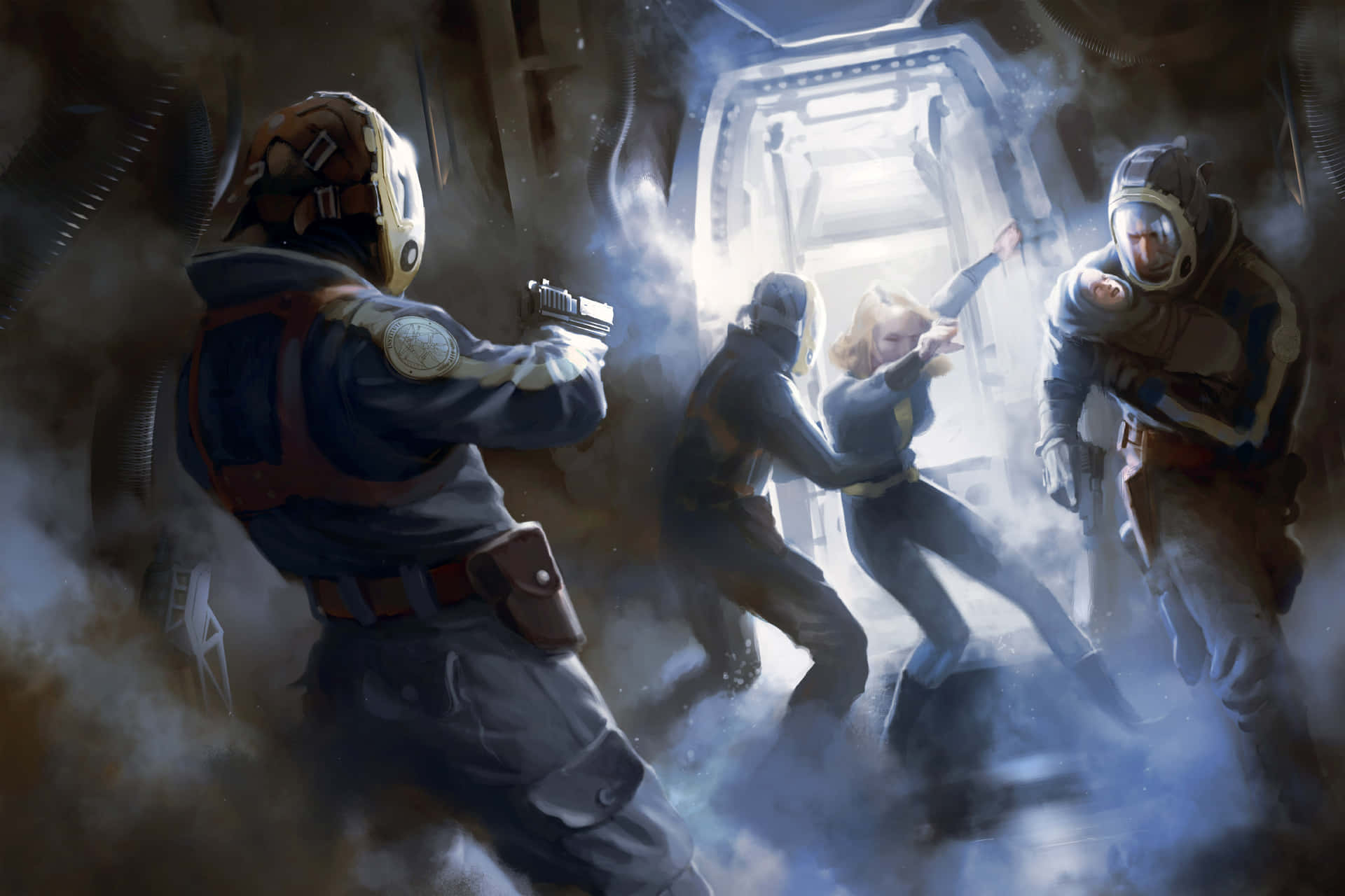 A Painting Of A Group Of People In Space Background
