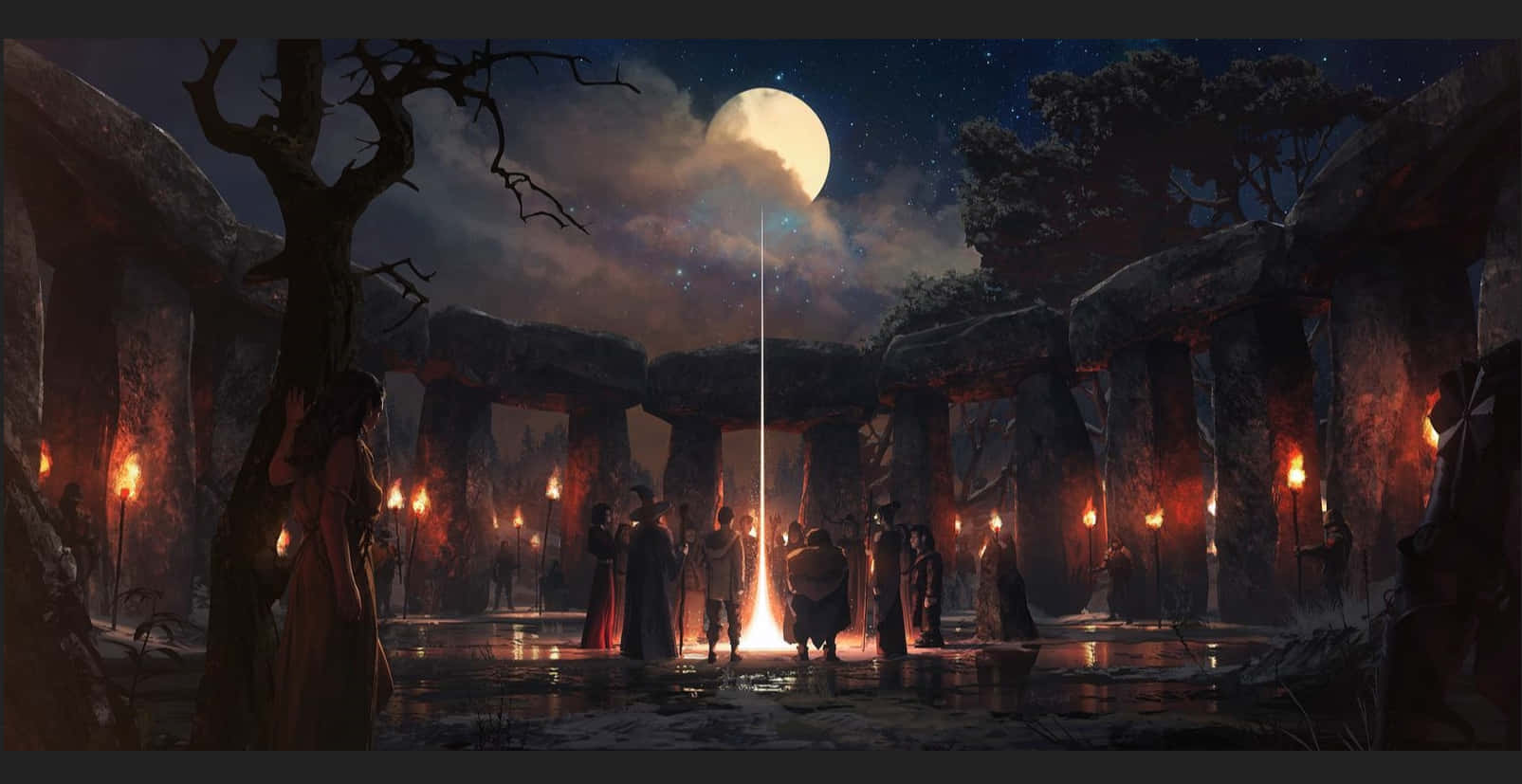 A Painting Of A Group Of People Standing In Front Of A Stone Circle Background