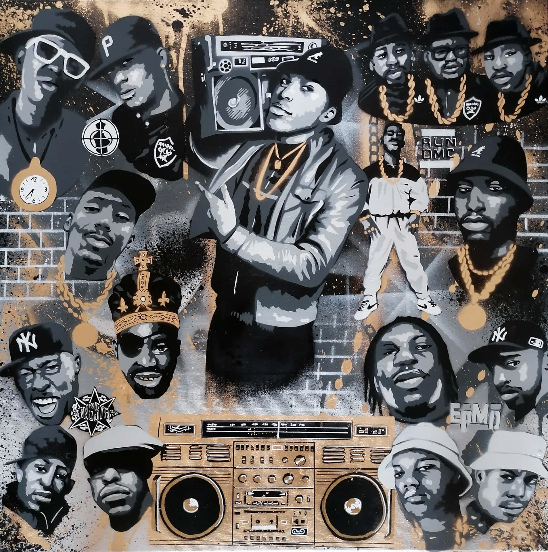 A Painting Of A Group Of People With A Boombox Background