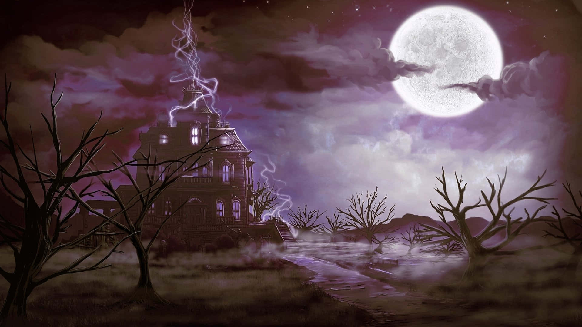 A Painting Of A Haunted House With A Full Moon Background