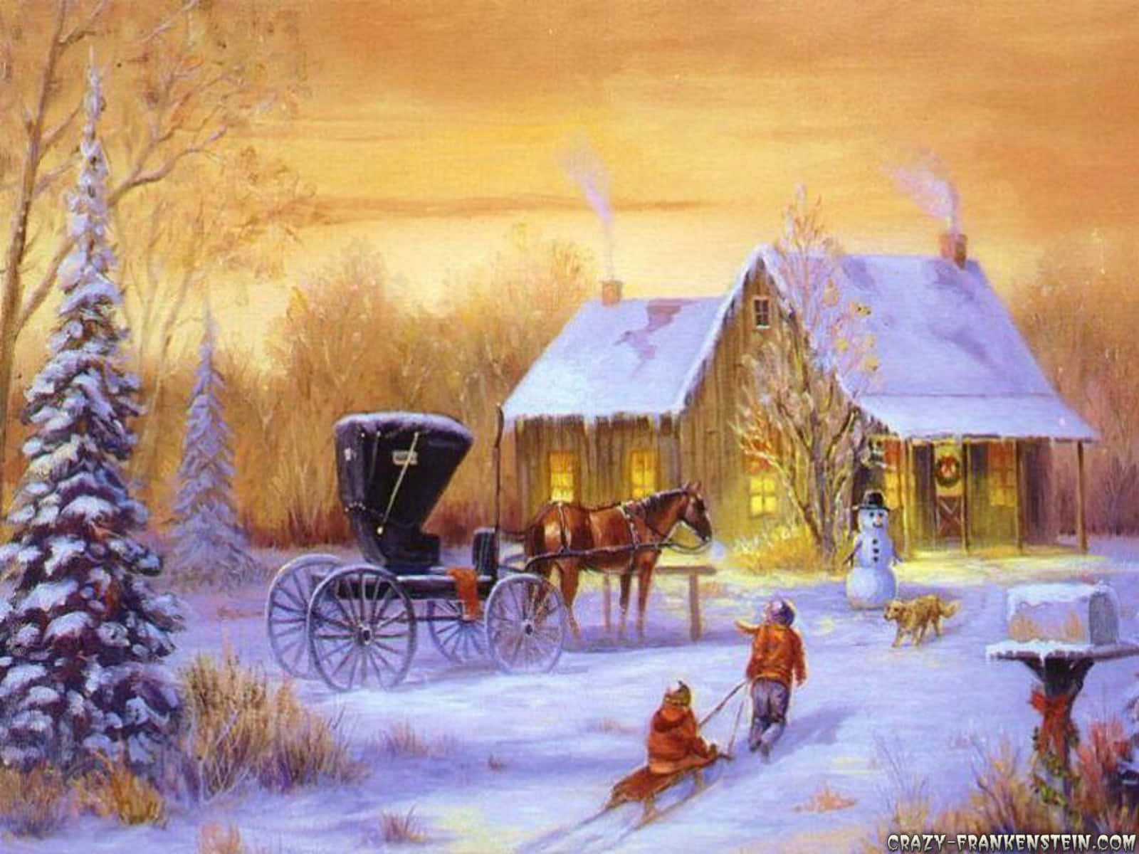 A Painting Of A Horse Drawn Carriage In Front Of A House