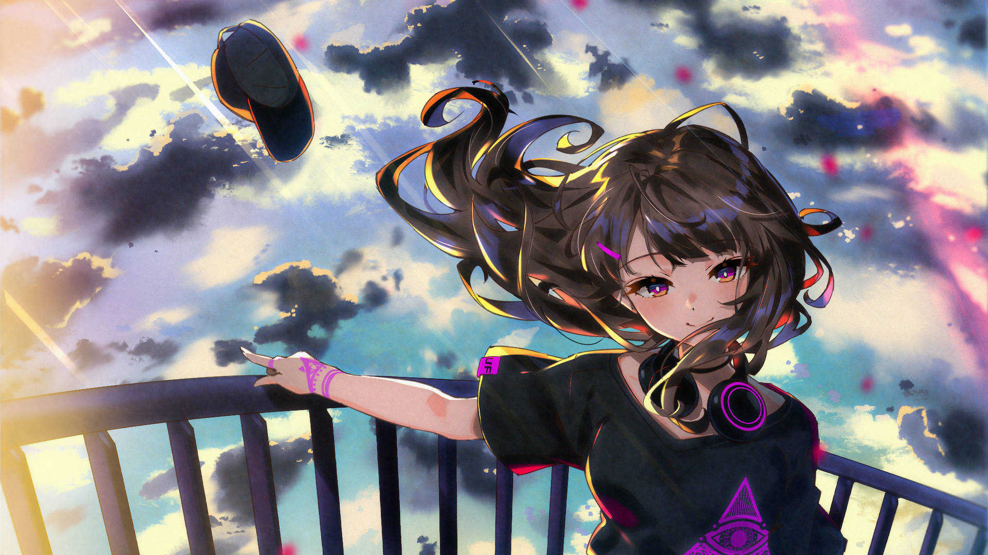 A Painting Of A Japanese Anime-style Girl In Colorful Clothing Background