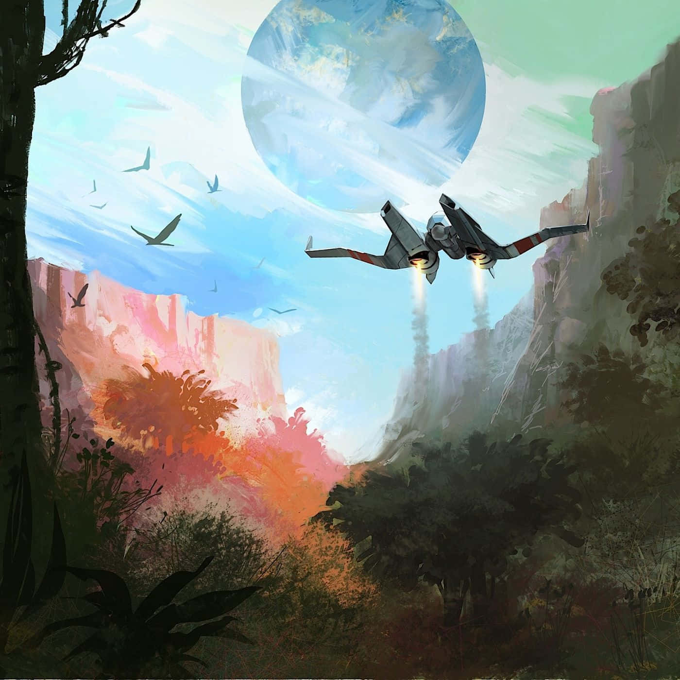 A Painting Of A Jet Flying Over A Mountain Background