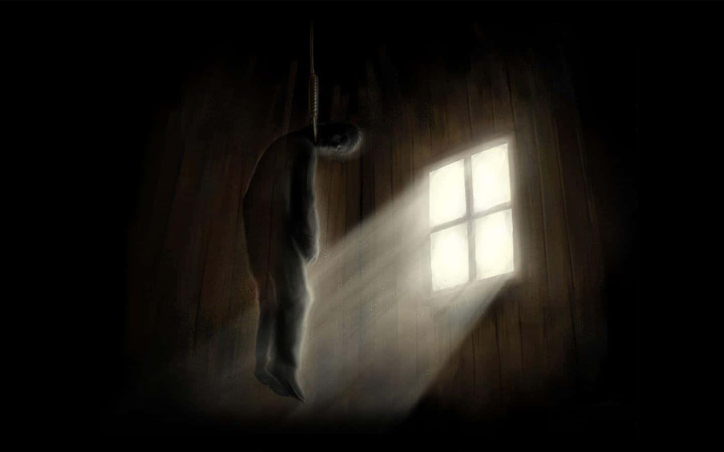 A Painting Of A Man Hanging From A Window