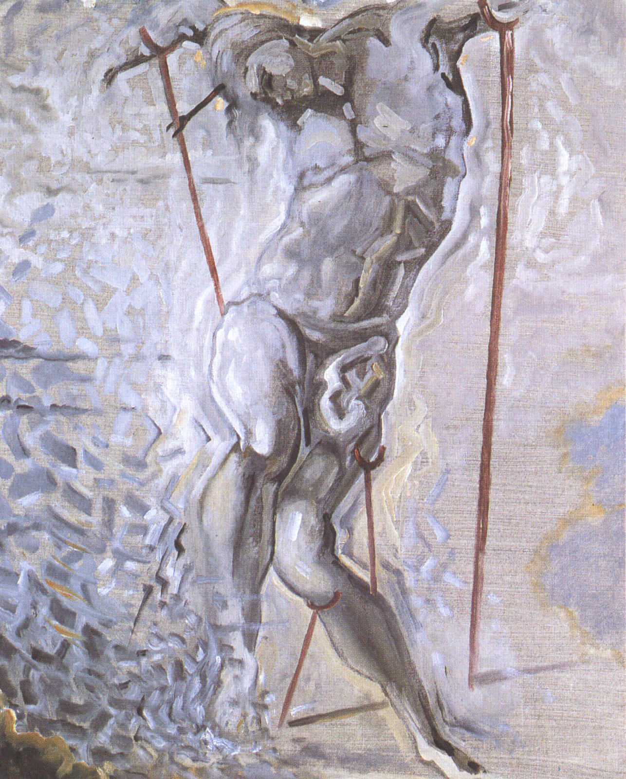 A Painting Of A Man Holding Skis Background