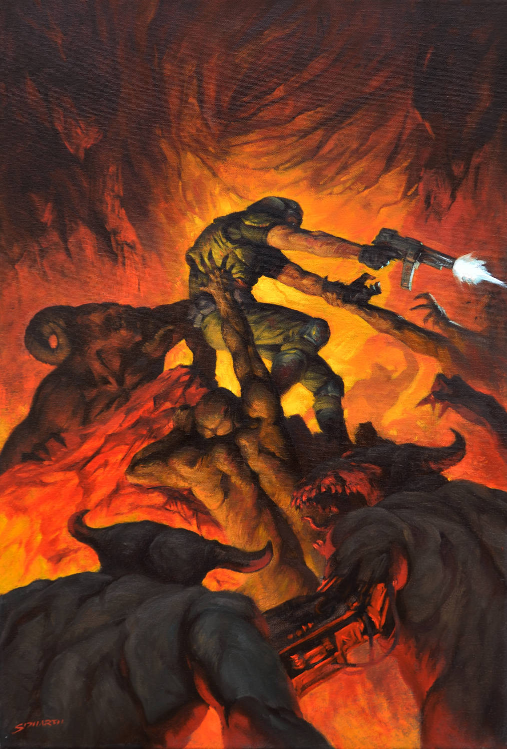 A Painting Of A Man In A Fire With A Sword Background