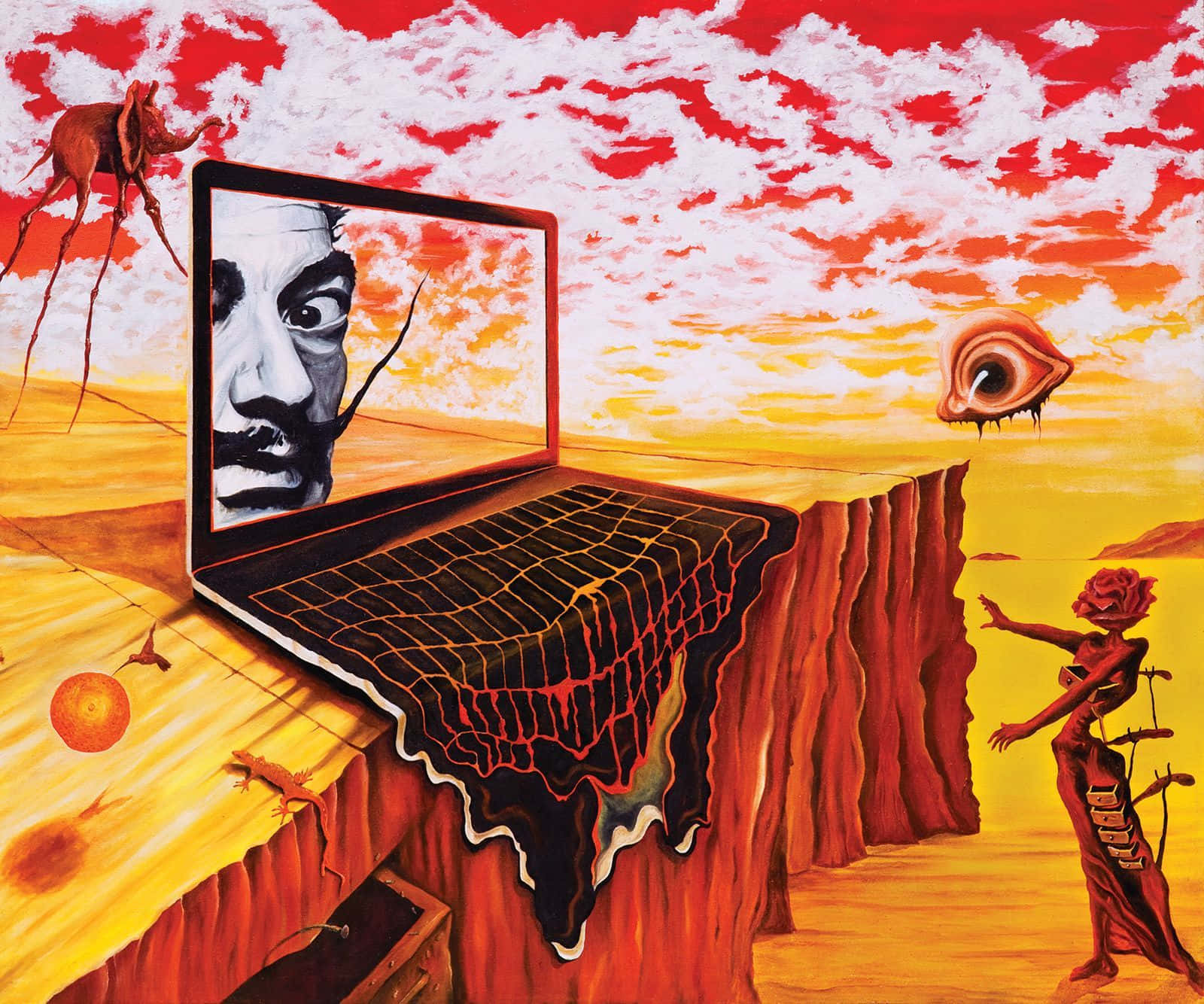 A Painting Of A Man With A Laptop On A Cliff Background