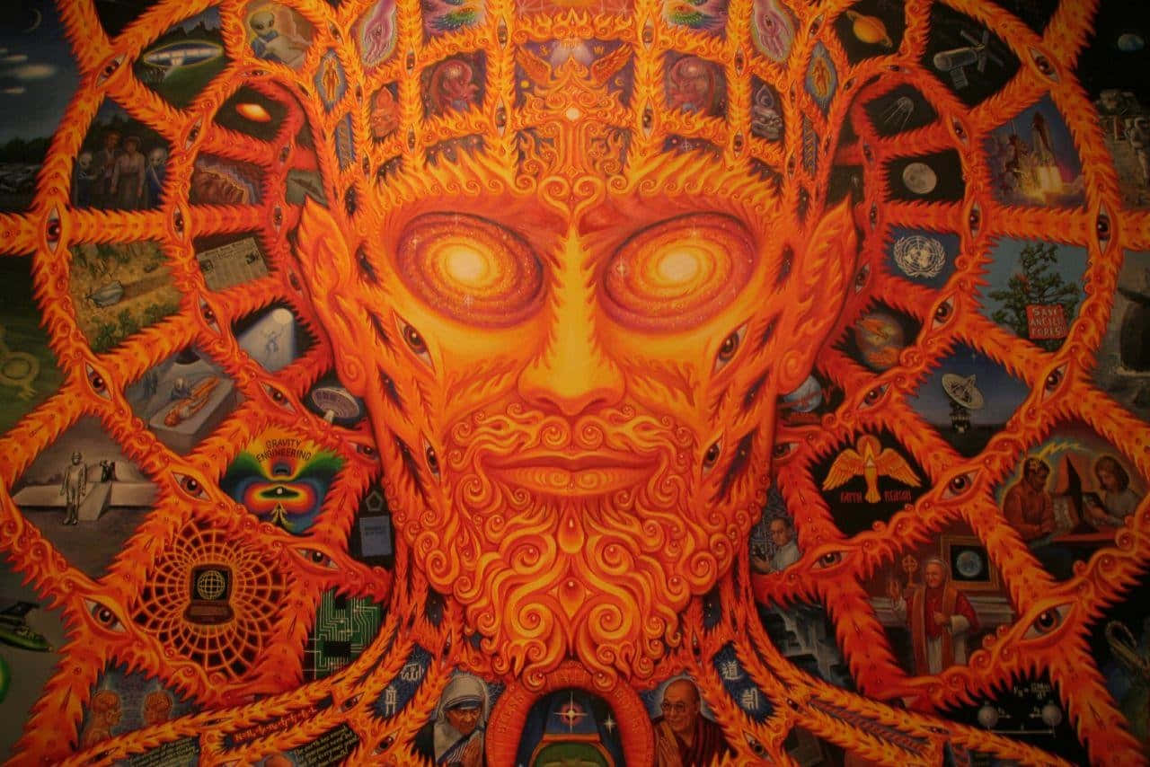 A Painting Of A Man With A Large Head And Many Symbols Background