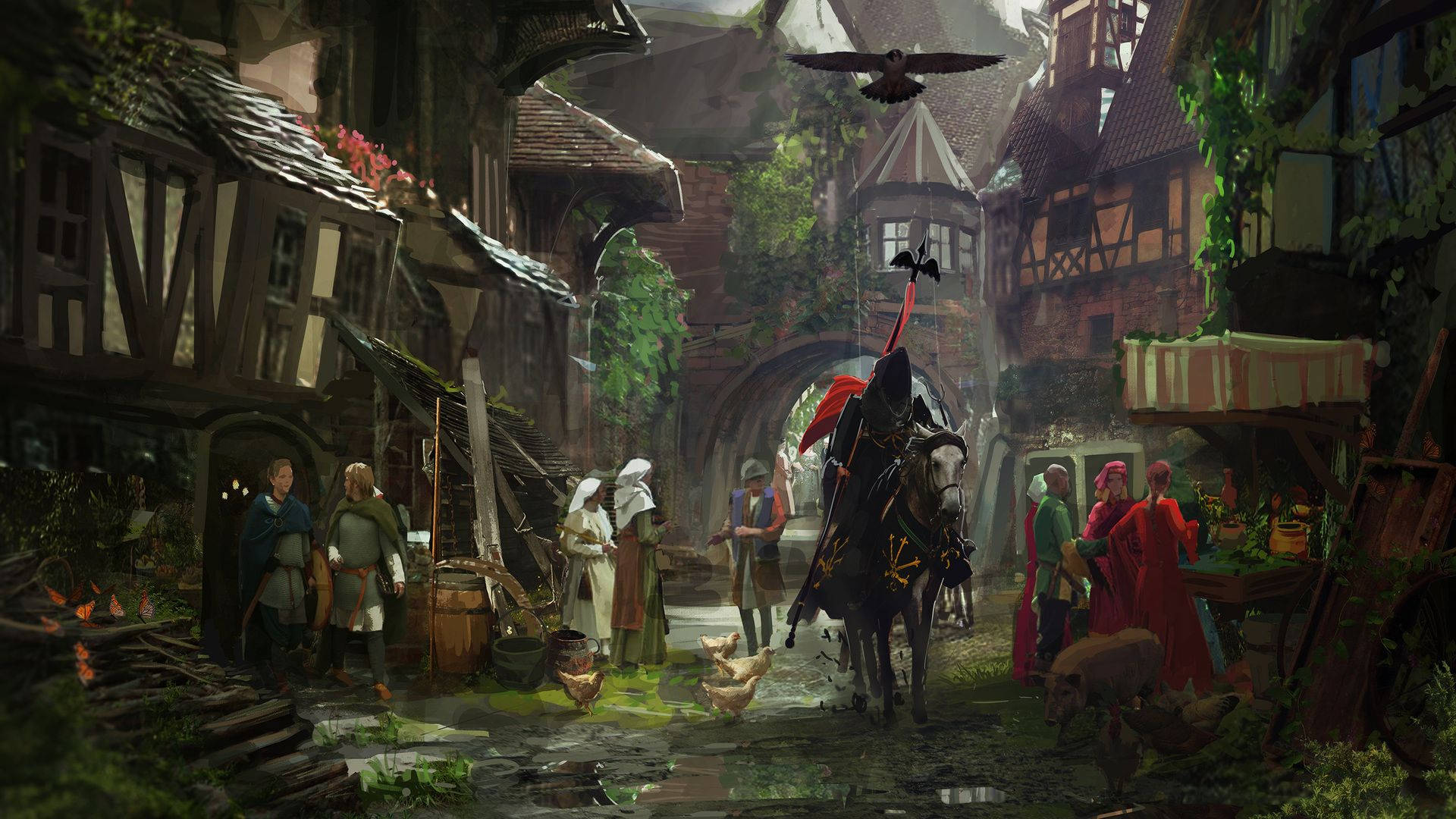 A Painting Of A Medieval Town With People And Horses Background