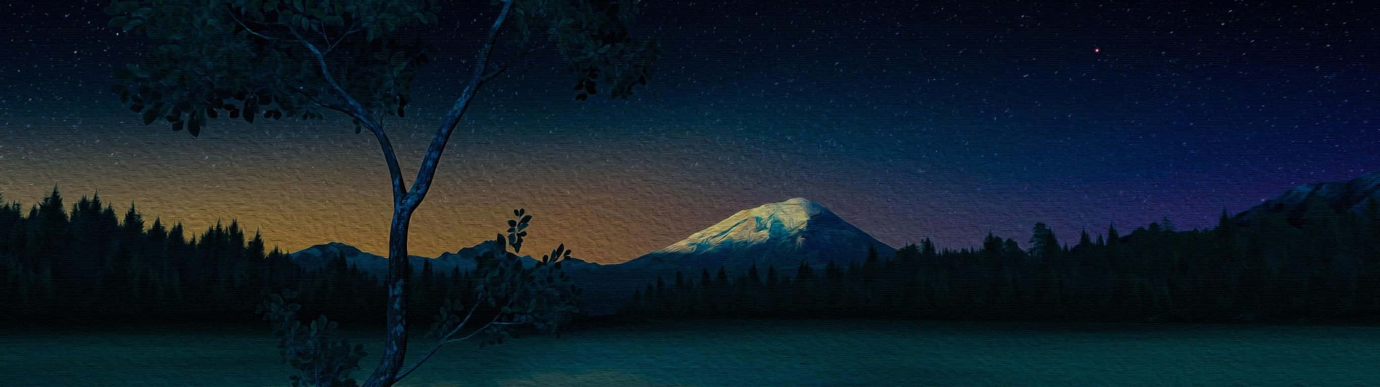A Painting Of A Mountain And Lake At Night Background