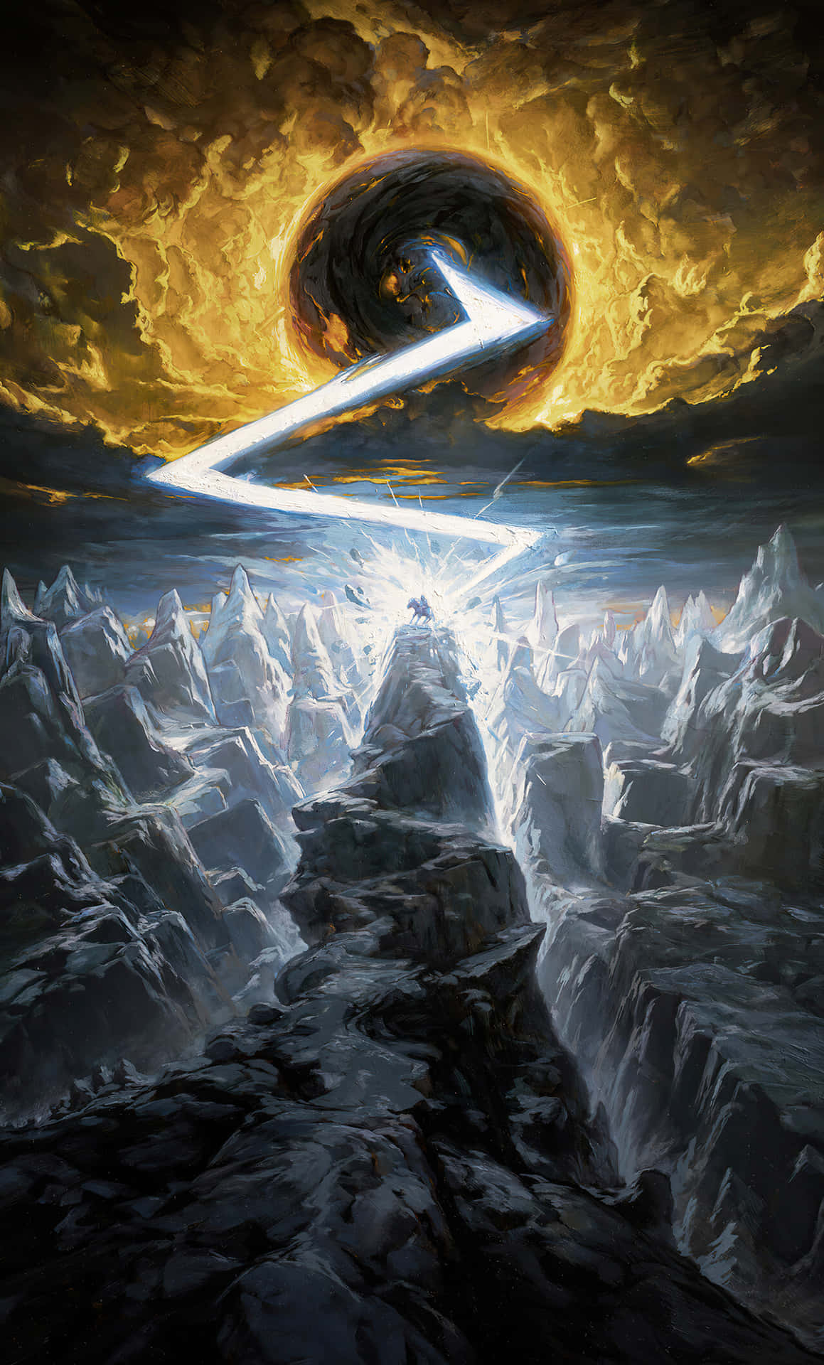 A Painting Of A Mountain With A Lightning Bolt In The Sky Background