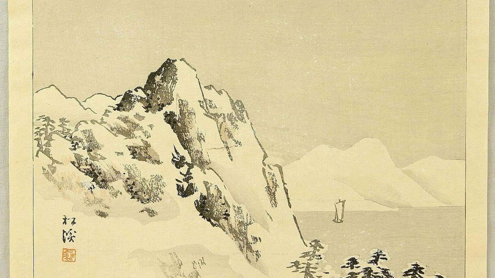 A Painting Of A Mountain With Trees And Snow Background