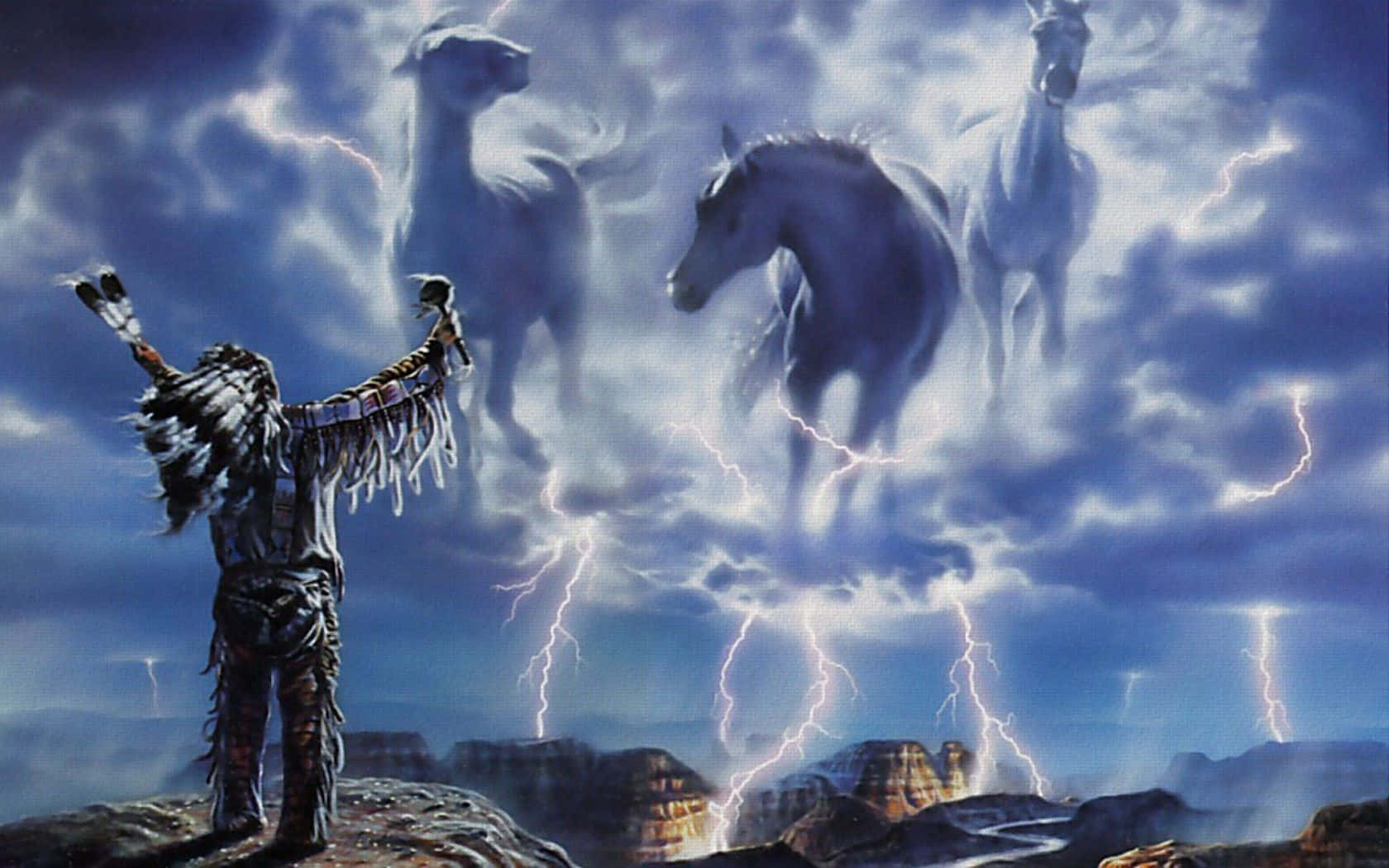 A Painting Of A Native American Man With Horses And Lightning Background