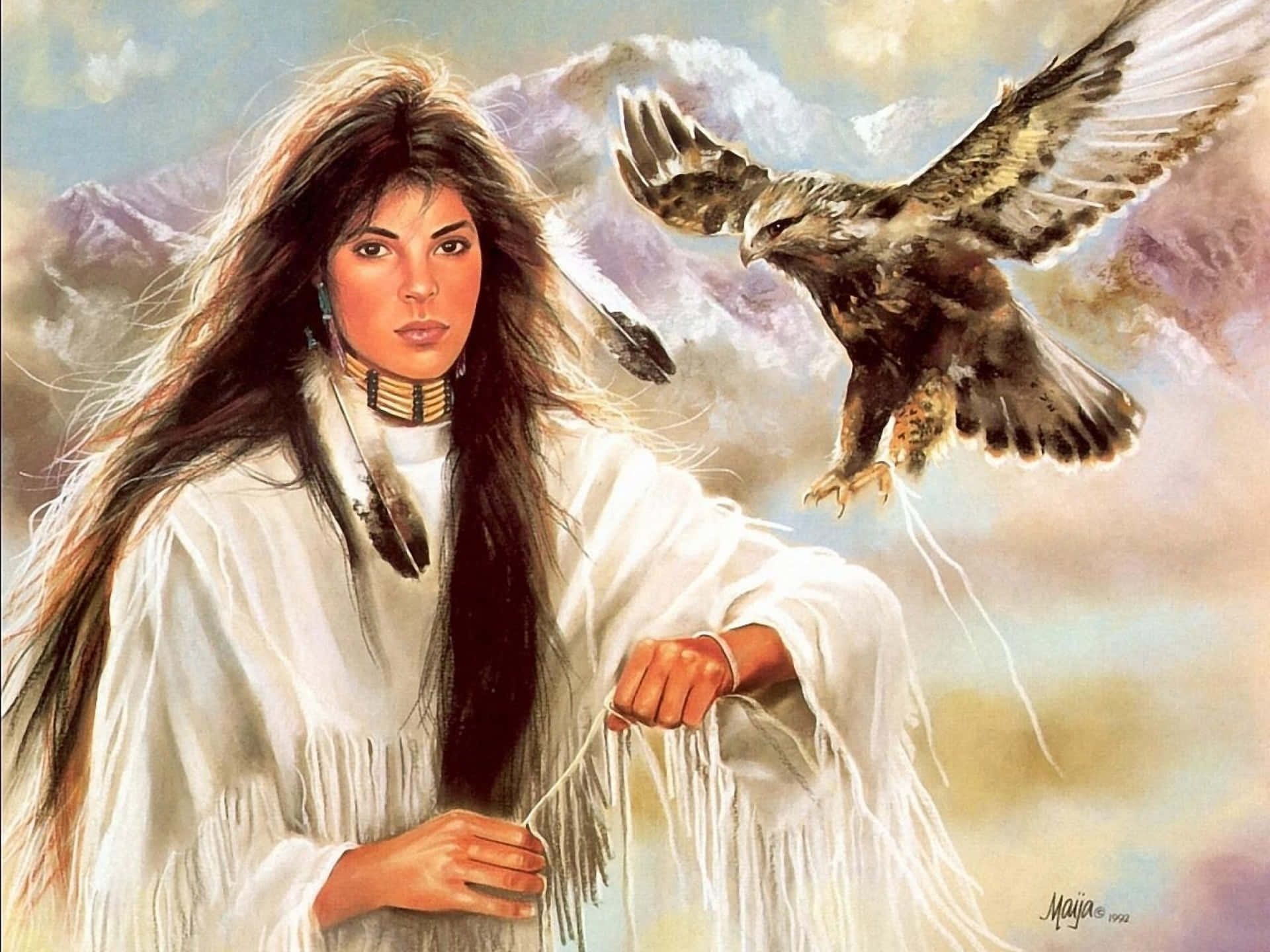 A Painting Of A Native American Woman With An Eagle Background
