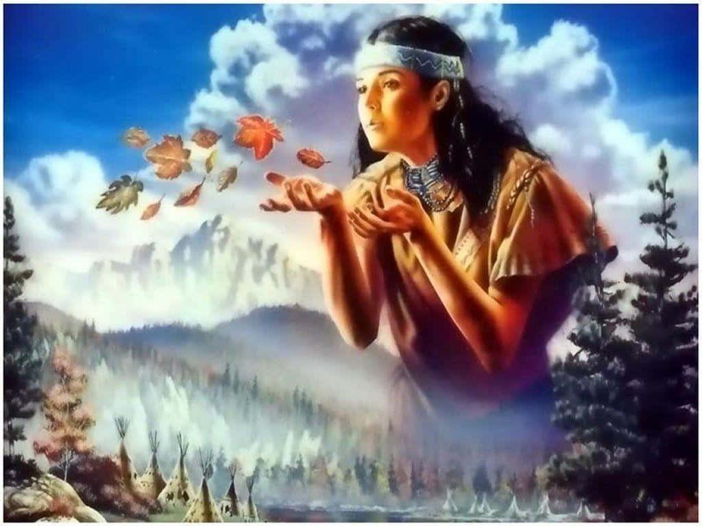 A Painting Of A Native American Woman With Leaves Background