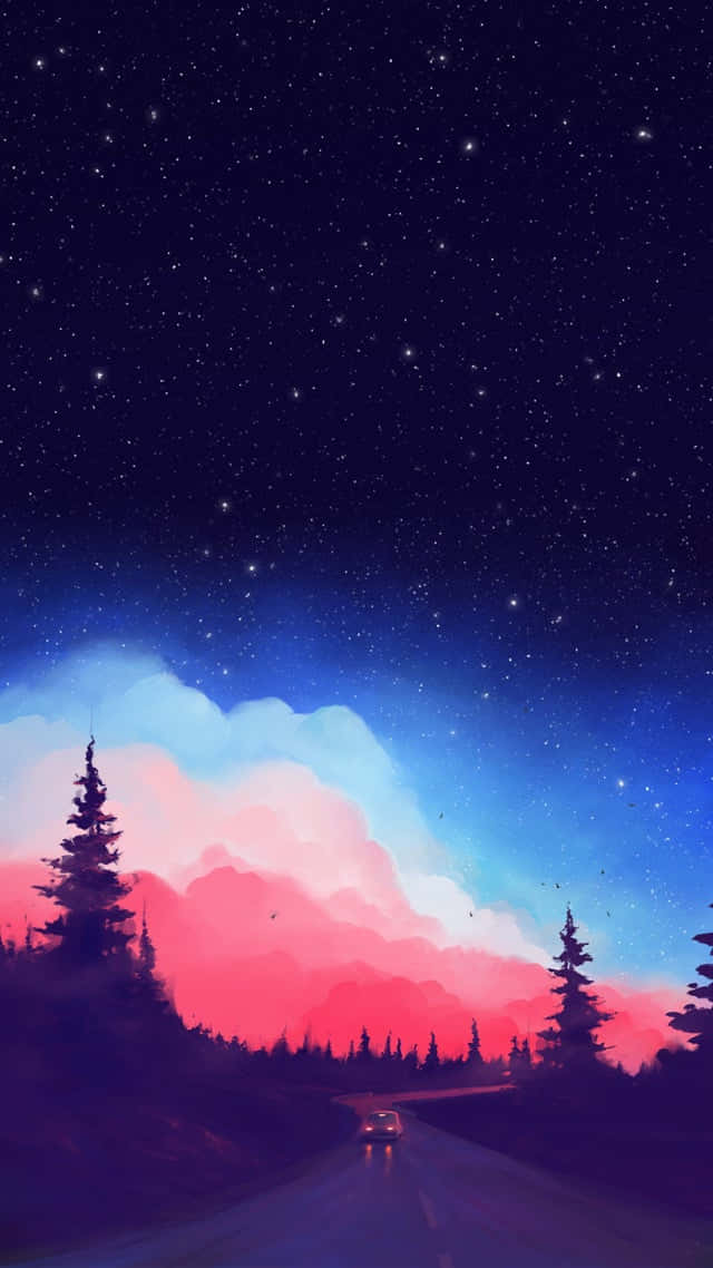 A Painting Of A Night Sky With Trees And Stars Background