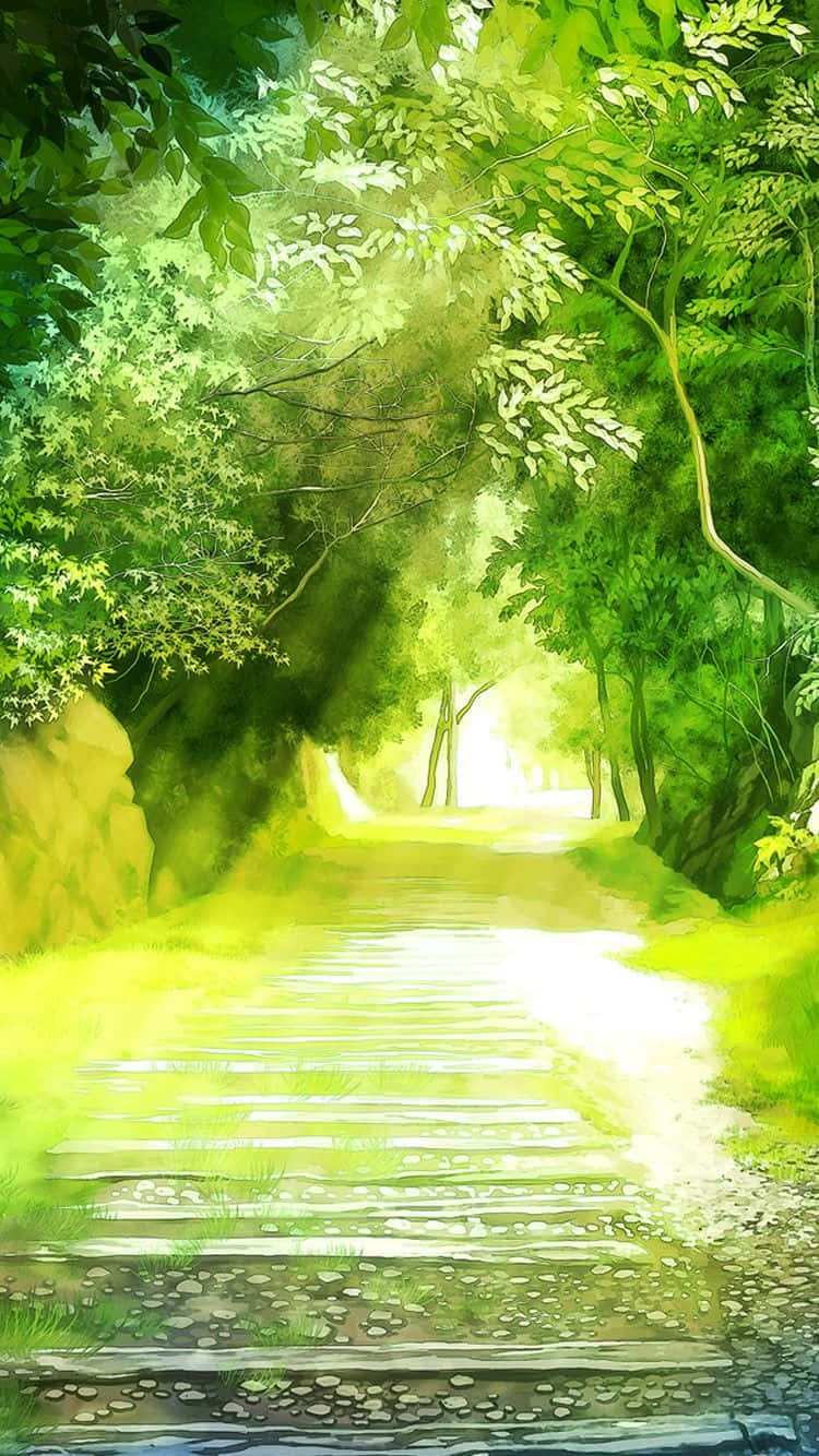 A Painting Of A Path In The Forest Background