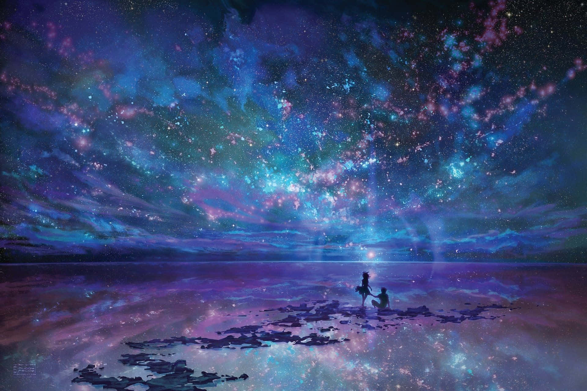 A Painting Of A Person Standing Under A Starry Sky