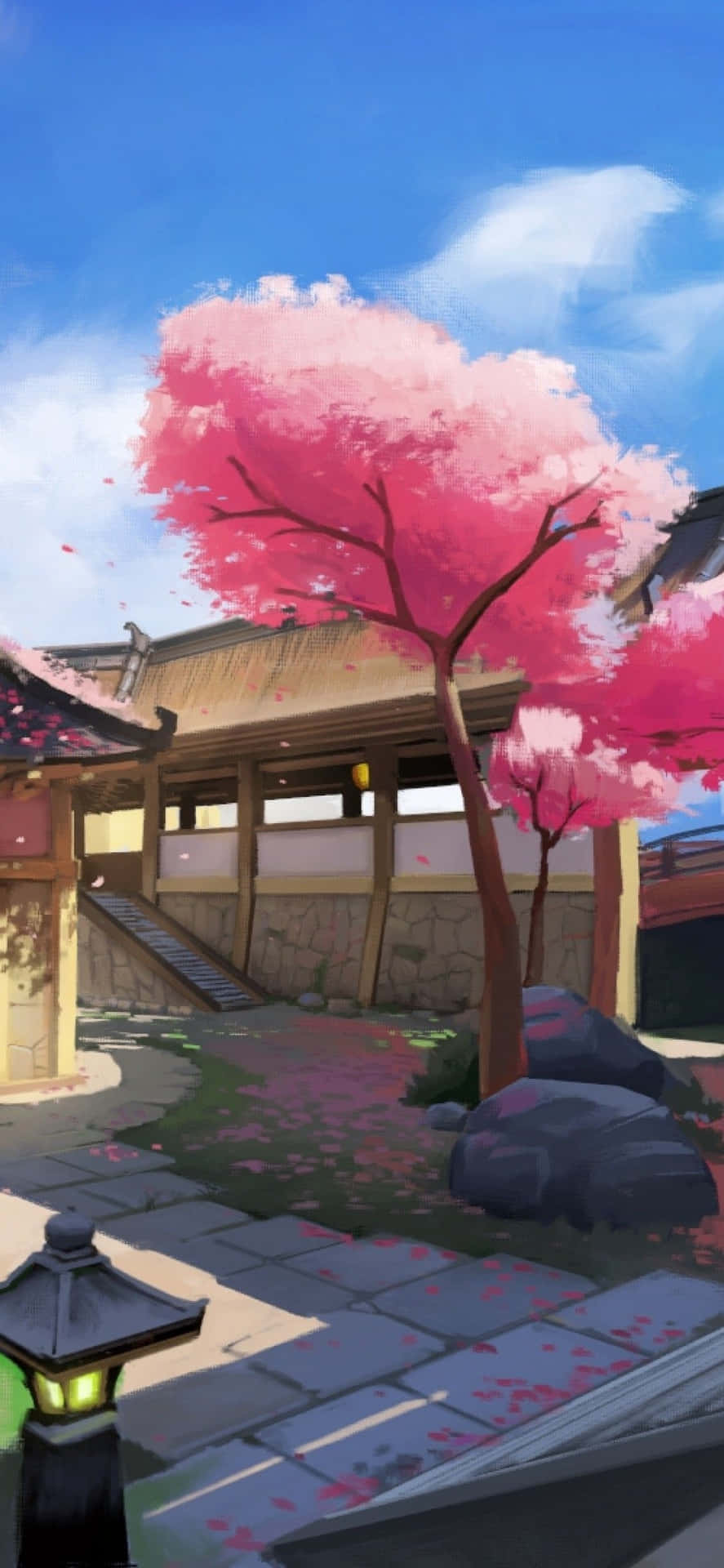 A Painting Of A Pink Building With A Pink Tree Background