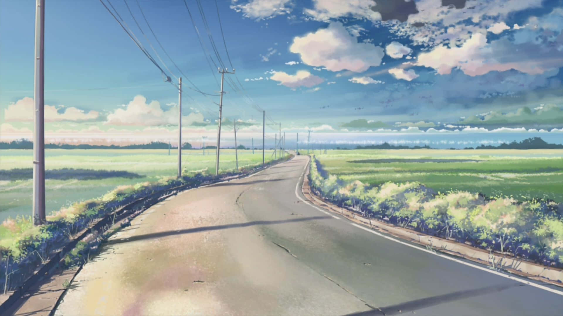 A Painting Of A Road With Power Lines And Clouds Background