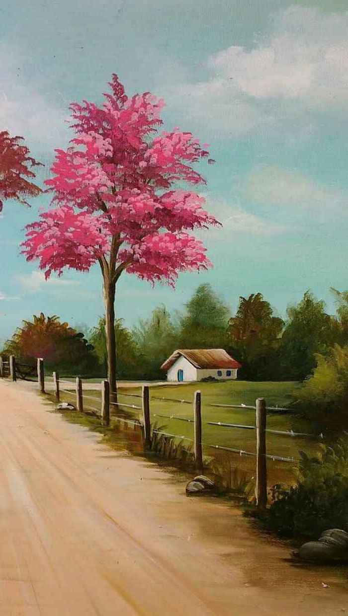 A Painting Of A Road With Trees And A Fence Background