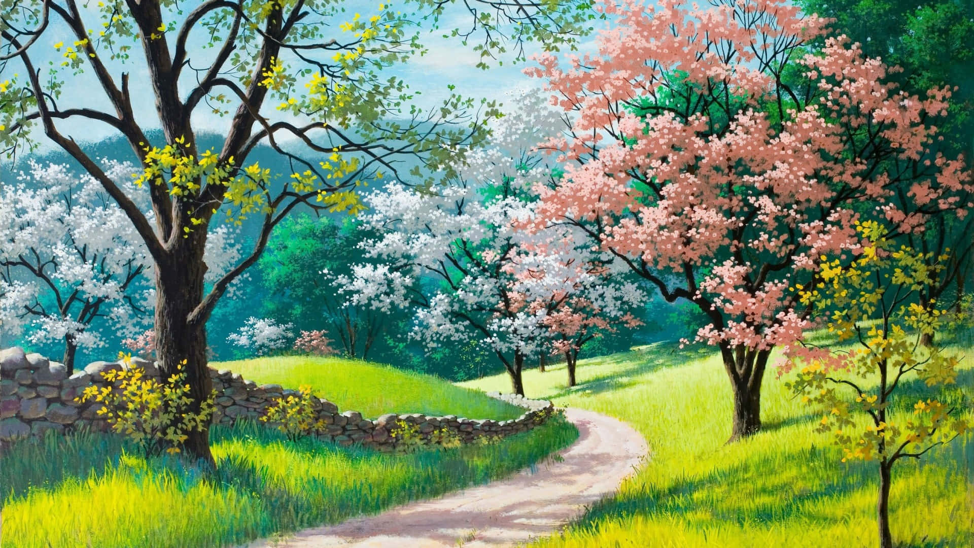 A Painting Of A Road With Trees And Flowers Background