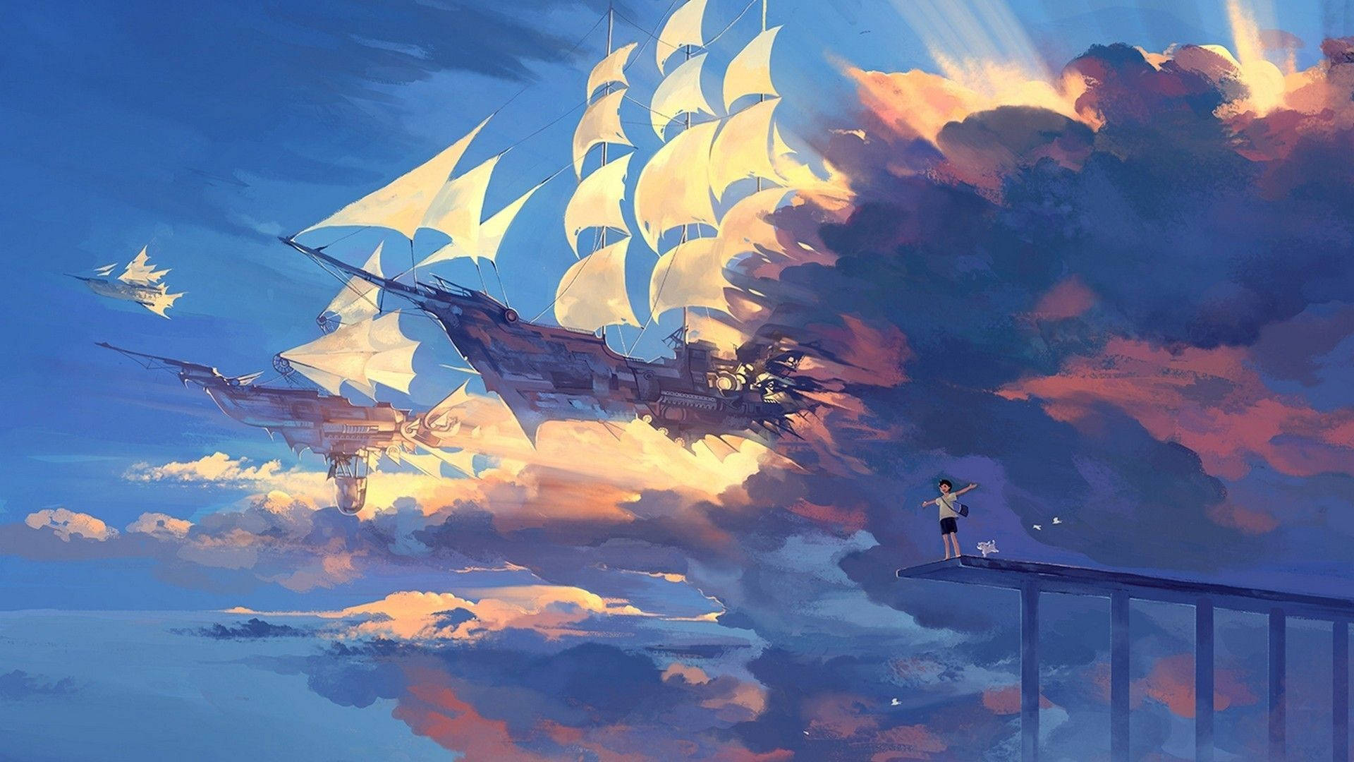 A Painting Of A Ship In The Sky Background