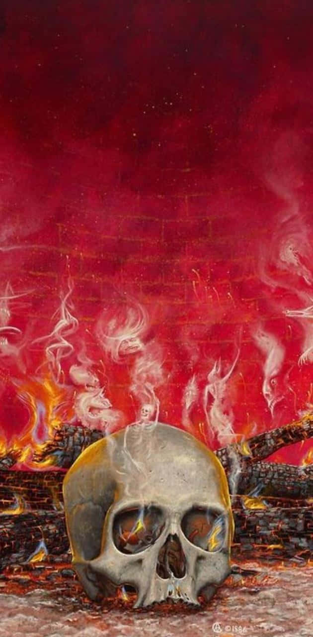 A Painting Of A Skull In Front Of A Fire Background
