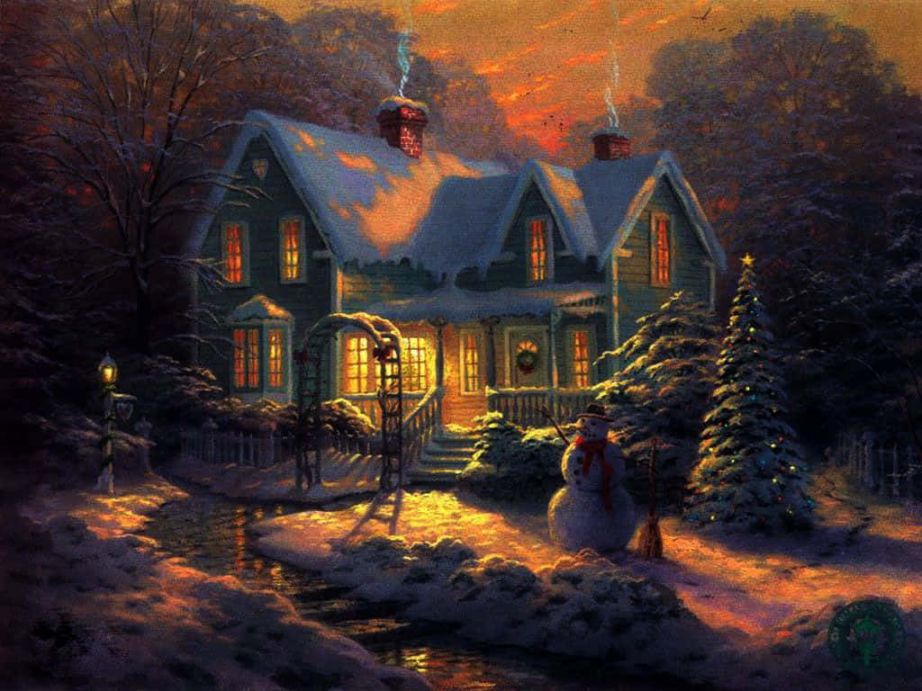 A Painting Of A Snowy House With A Snowman Background