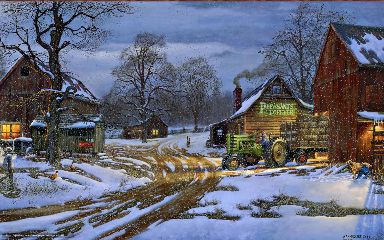 A Painting Of A Snowy Scene With A Barn And A Farm Background