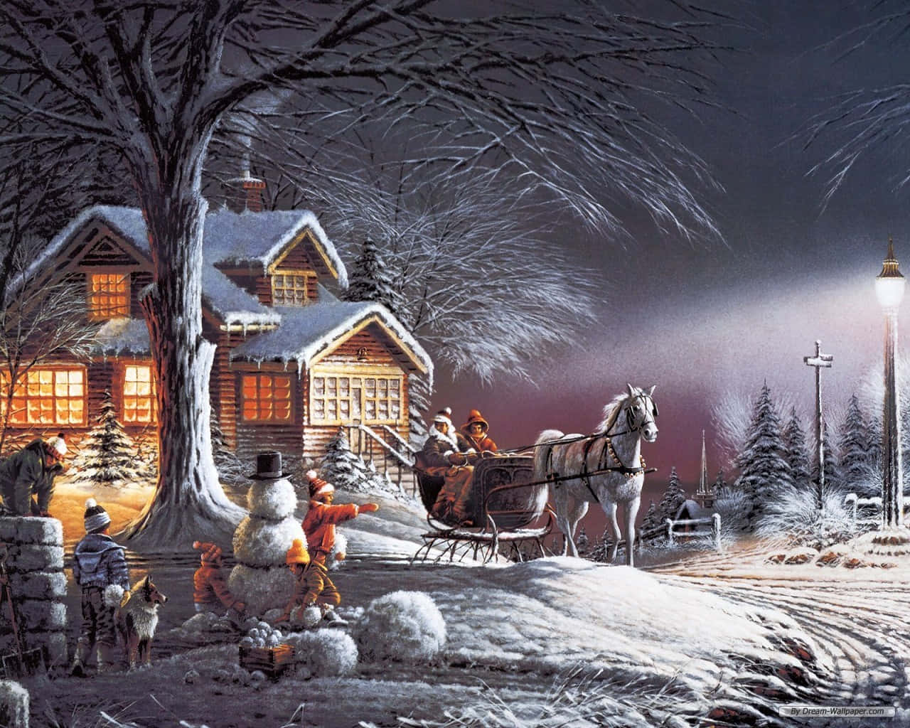 A Painting Of A Snowy Scene With People And A Carriage