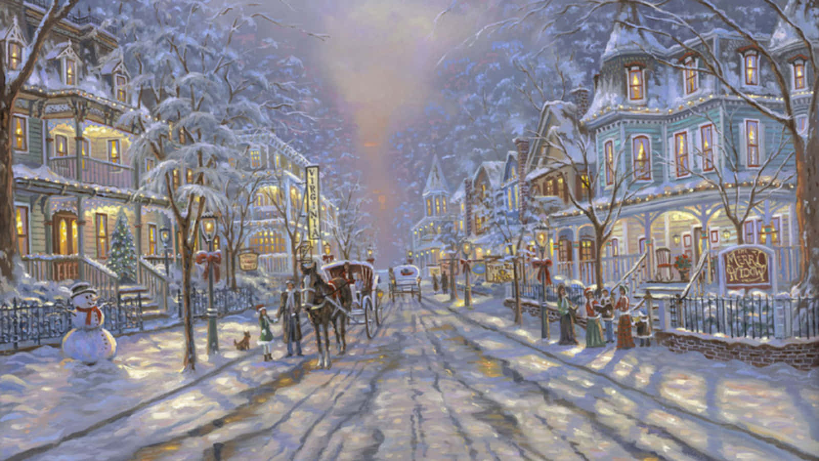 A Painting Of A Snowy Street With A Horse Drawn Carriage Background