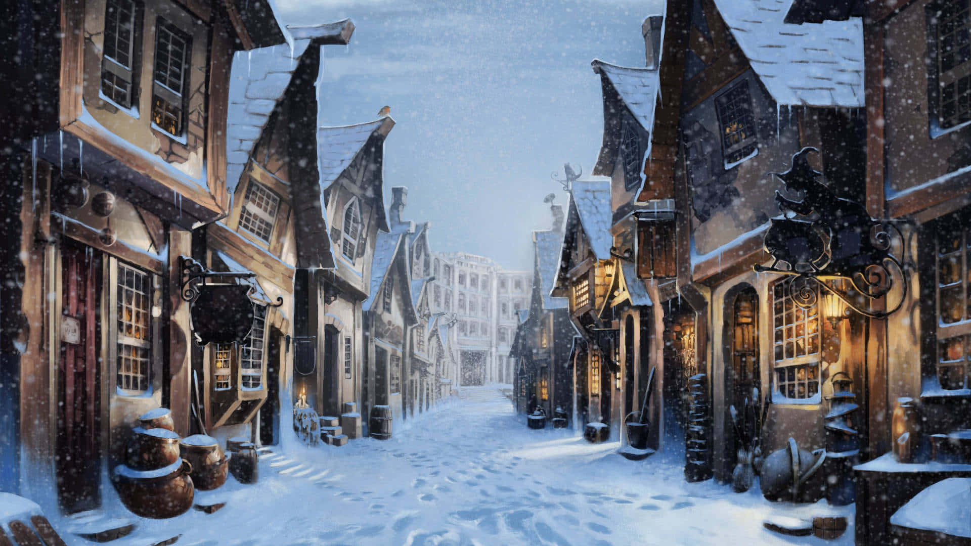 A Painting Of A Snowy Street With Buildings Background