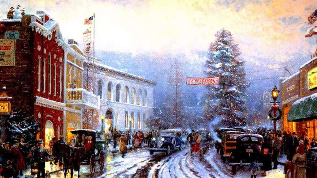 A Painting Of A Snowy Street With People And Horses Background