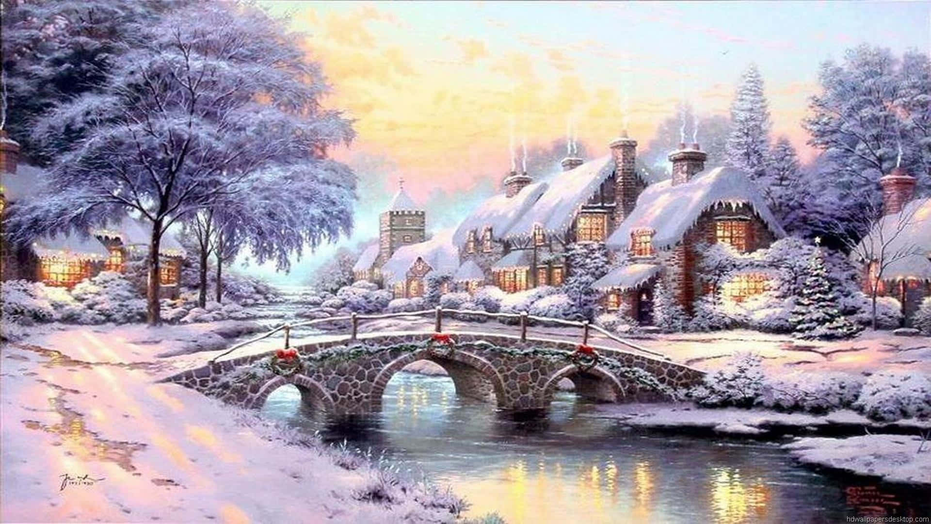 A Painting Of A Snowy Village With A Bridge Background