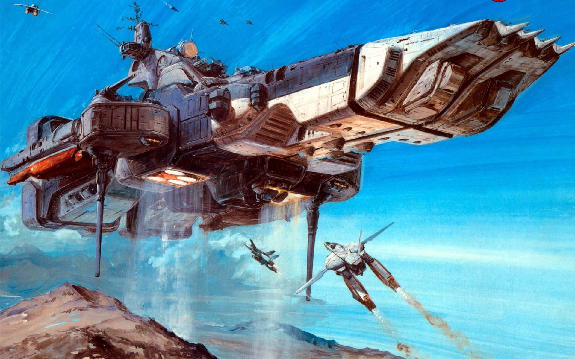 A Painting Of A Spaceship Flying Over A Mountain Background