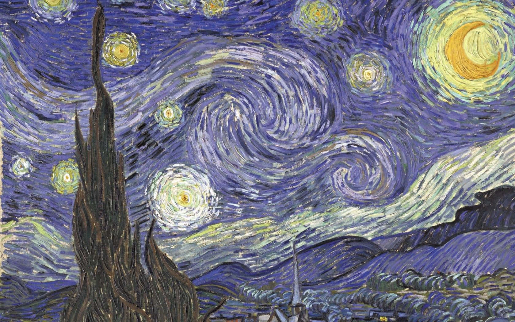 A Painting Of A Starry Night With A Tree Background