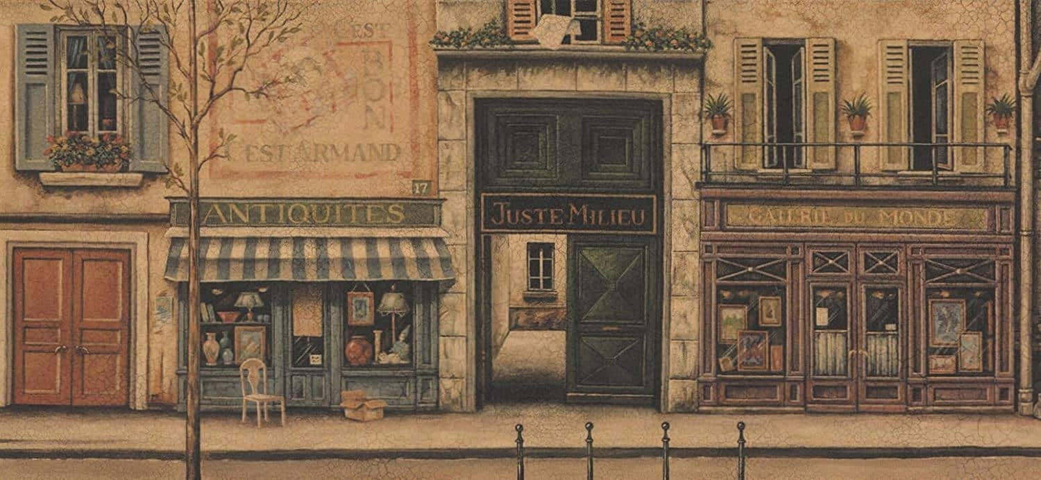 A Painting Of A Street Scene With Shops And A Street Sign Background