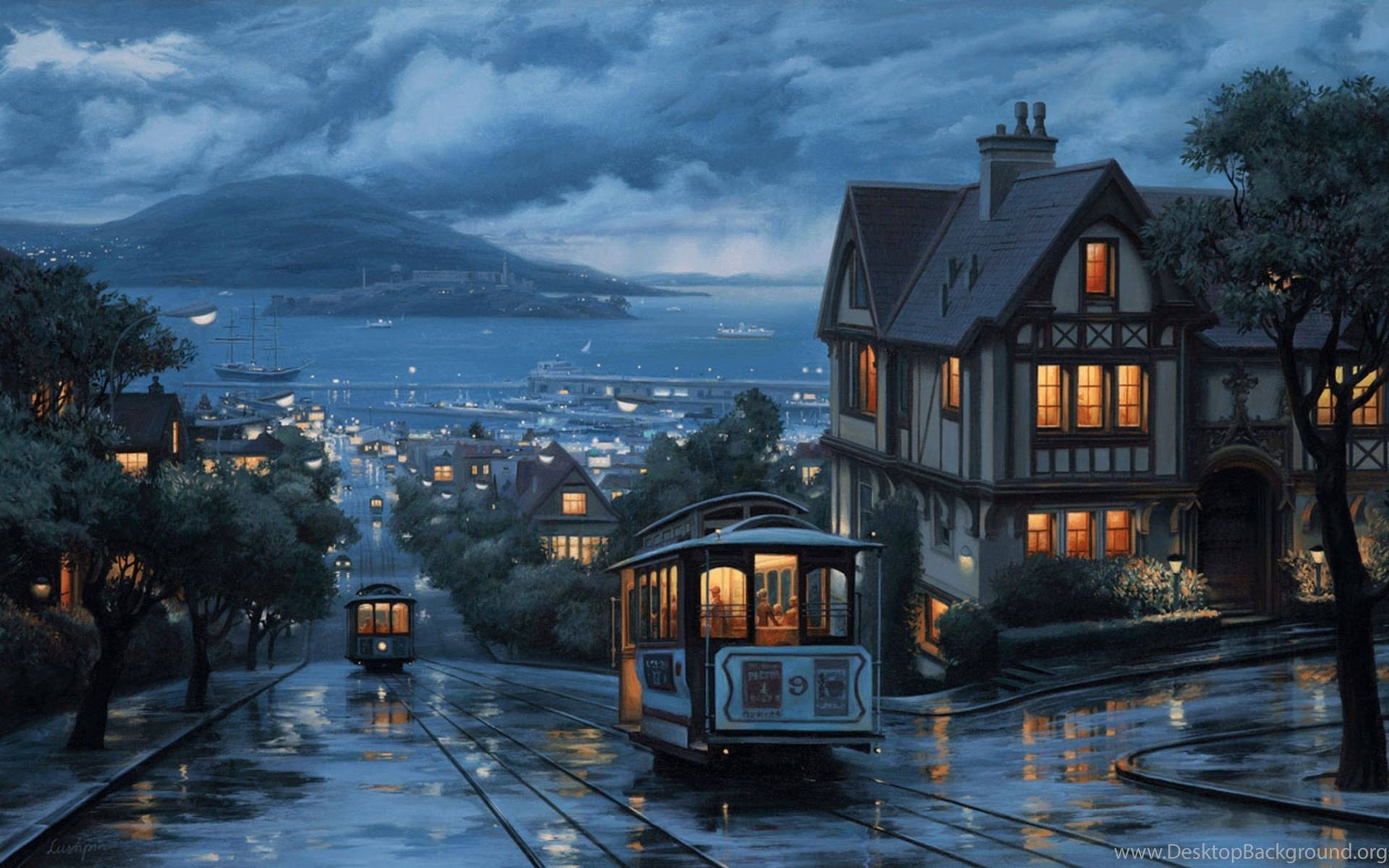 A Painting Of A Street With A Cable Car Background