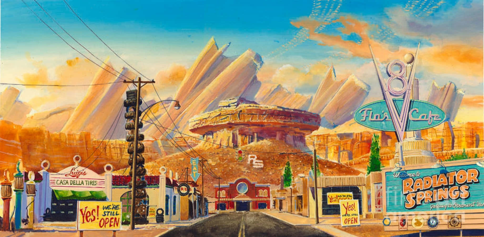 A Painting Of A Street With A Lot Of Signs