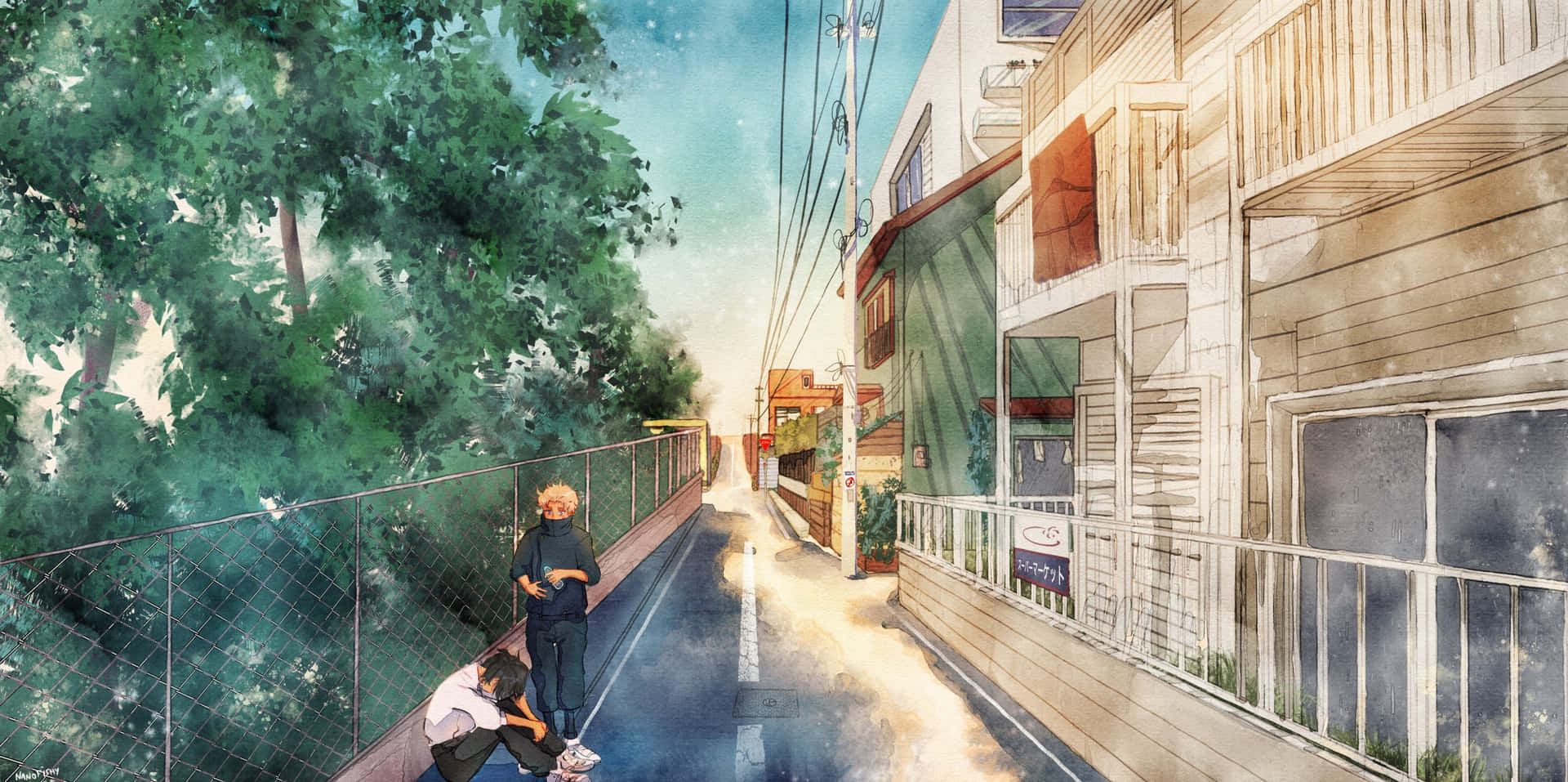 A Painting Of A Street With A Man On A Skateboard Background