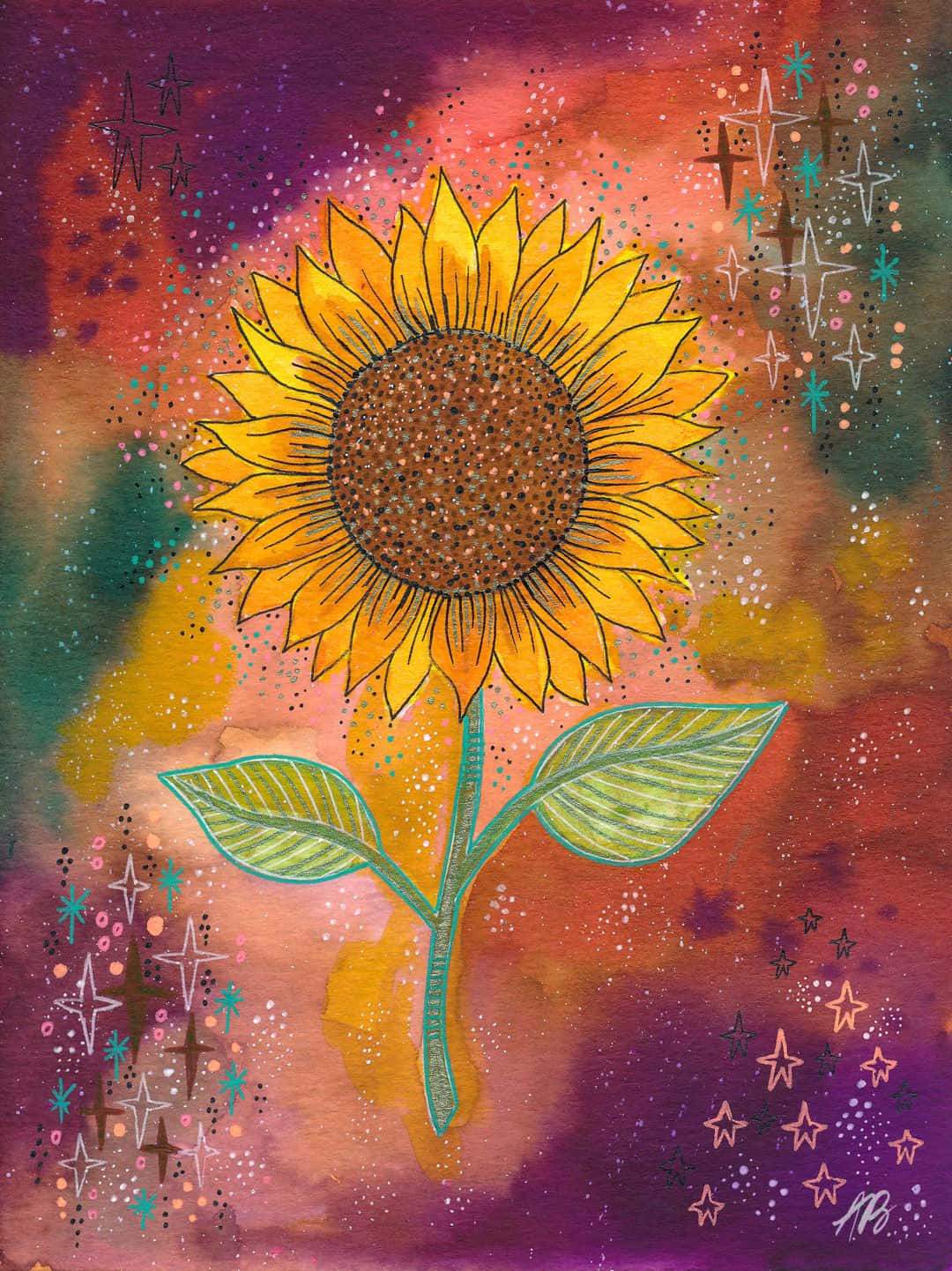 A Painting Of A Sunflower With Stars On It