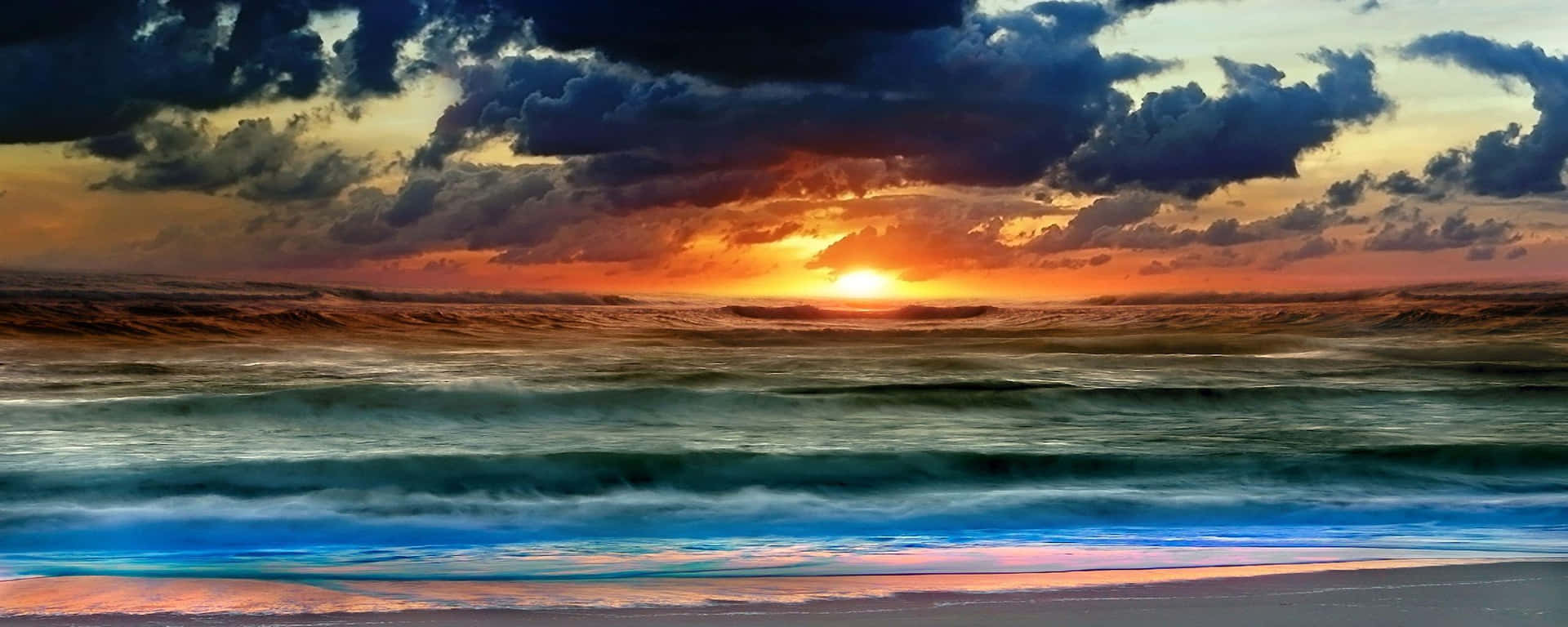 A Painting Of A Sunset Over The Ocean Background