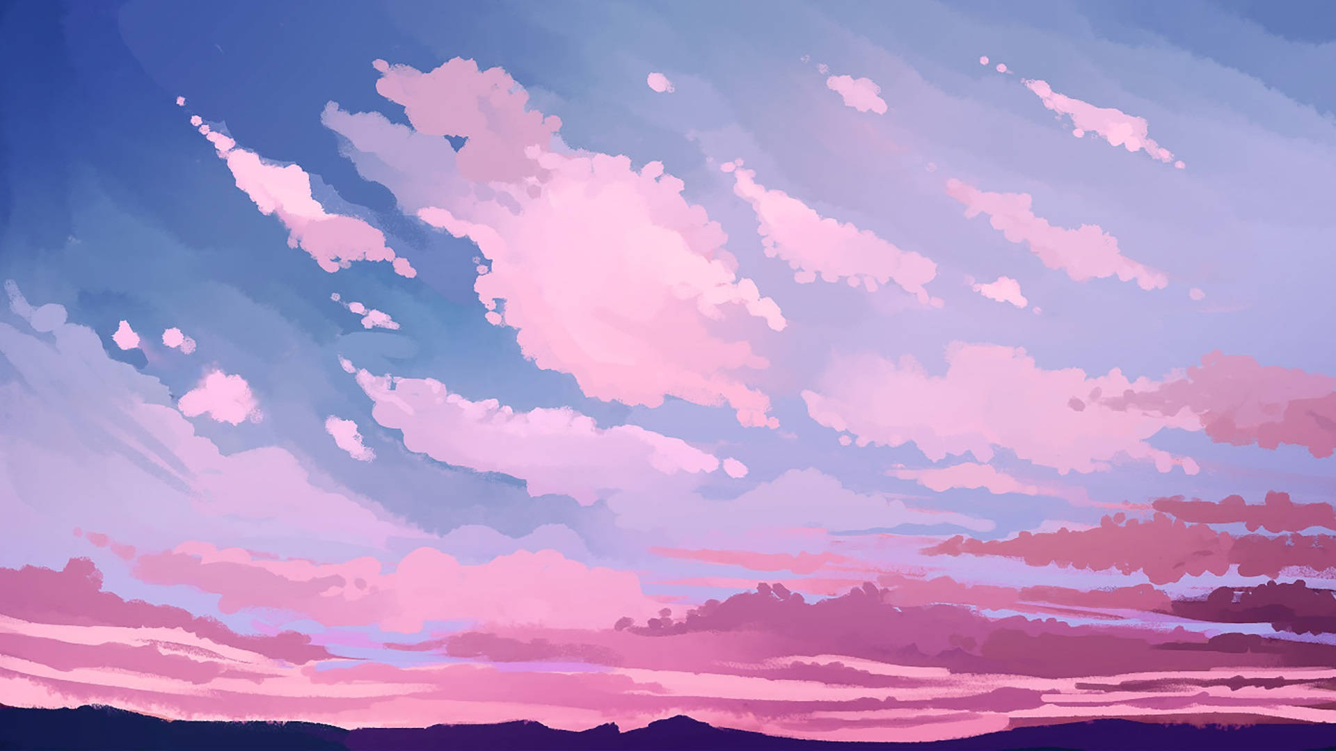A Painting Of A Sunset With Pink Clouds Background