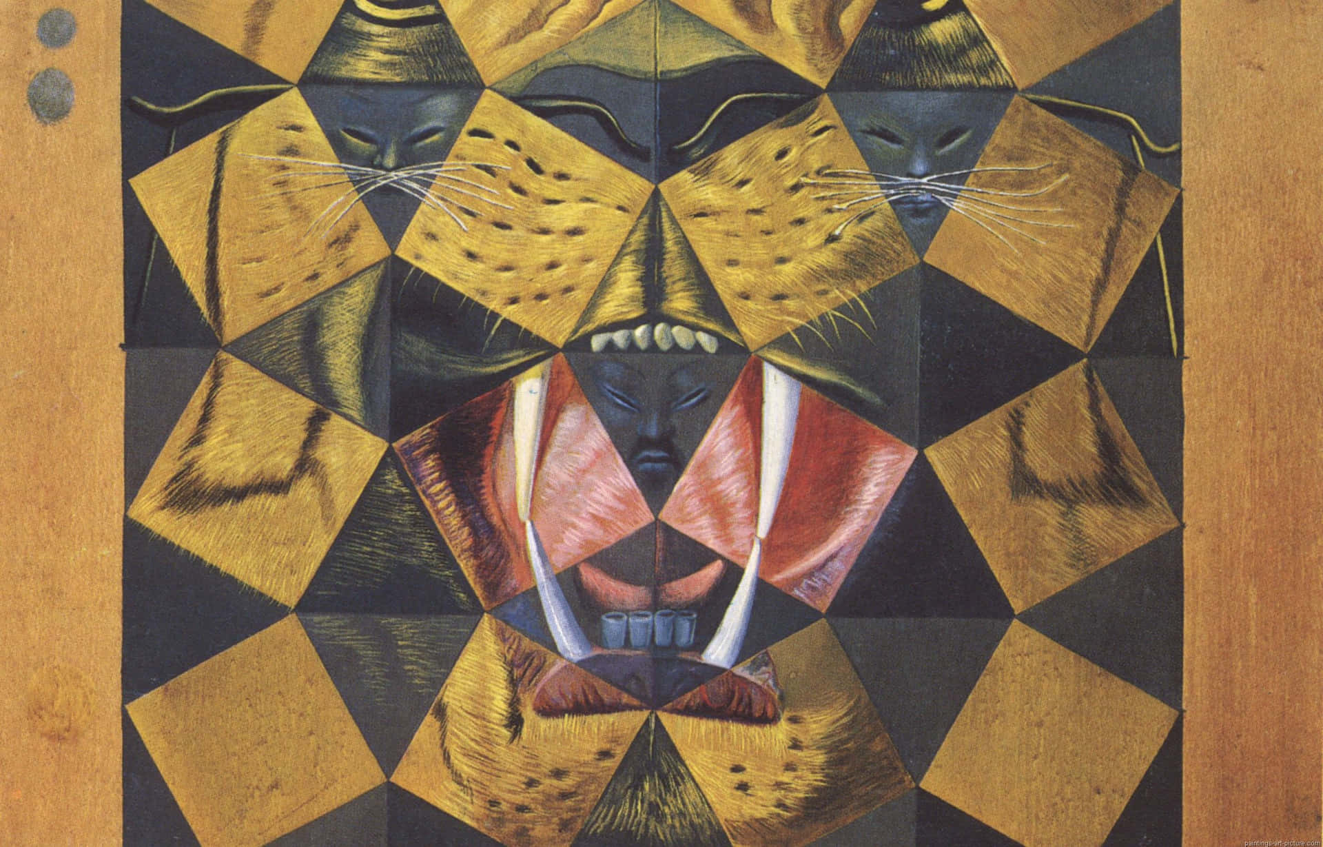 A Painting Of A Tiger With A Geometric Pattern Background