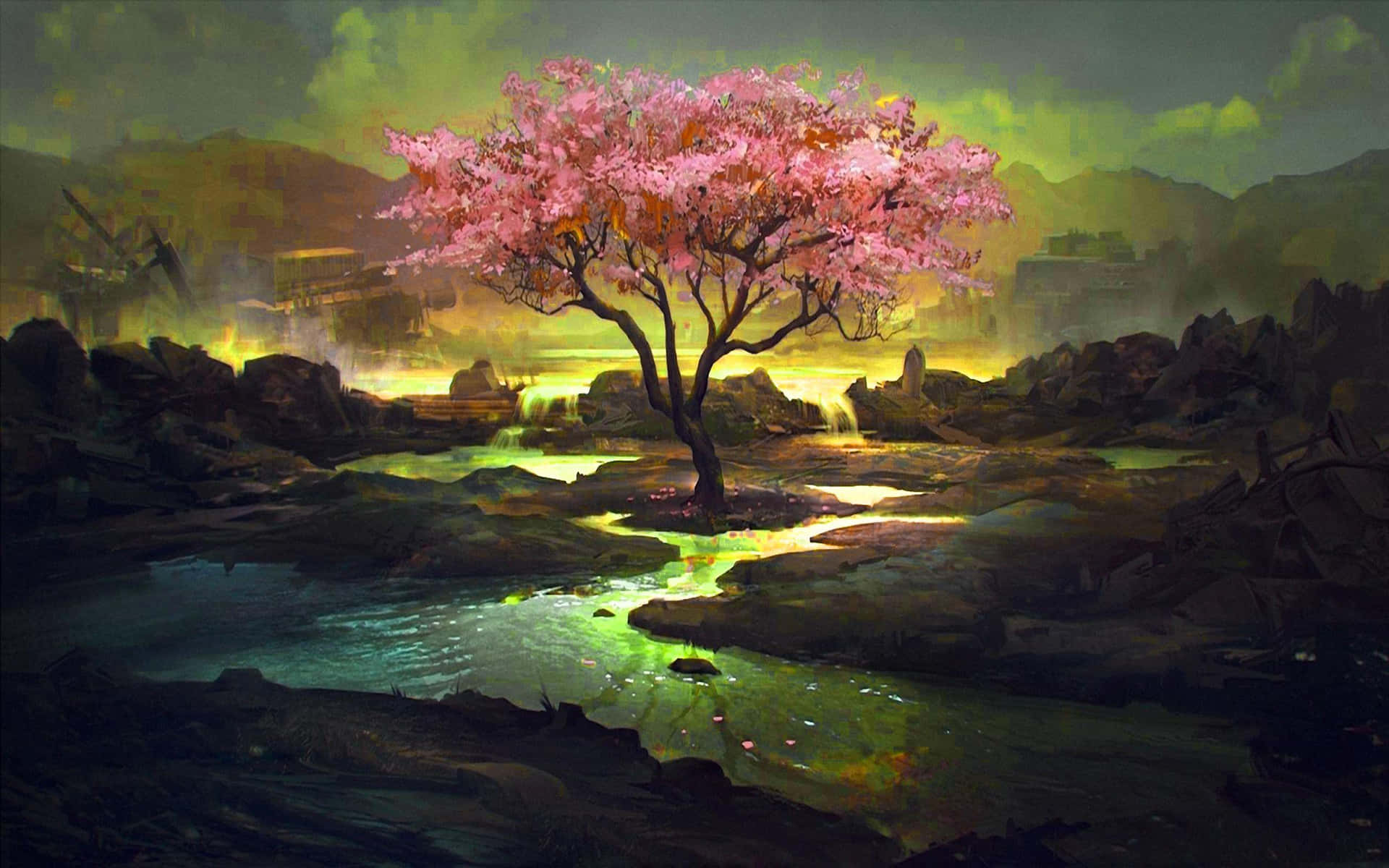 A Painting Of A Tree In A River