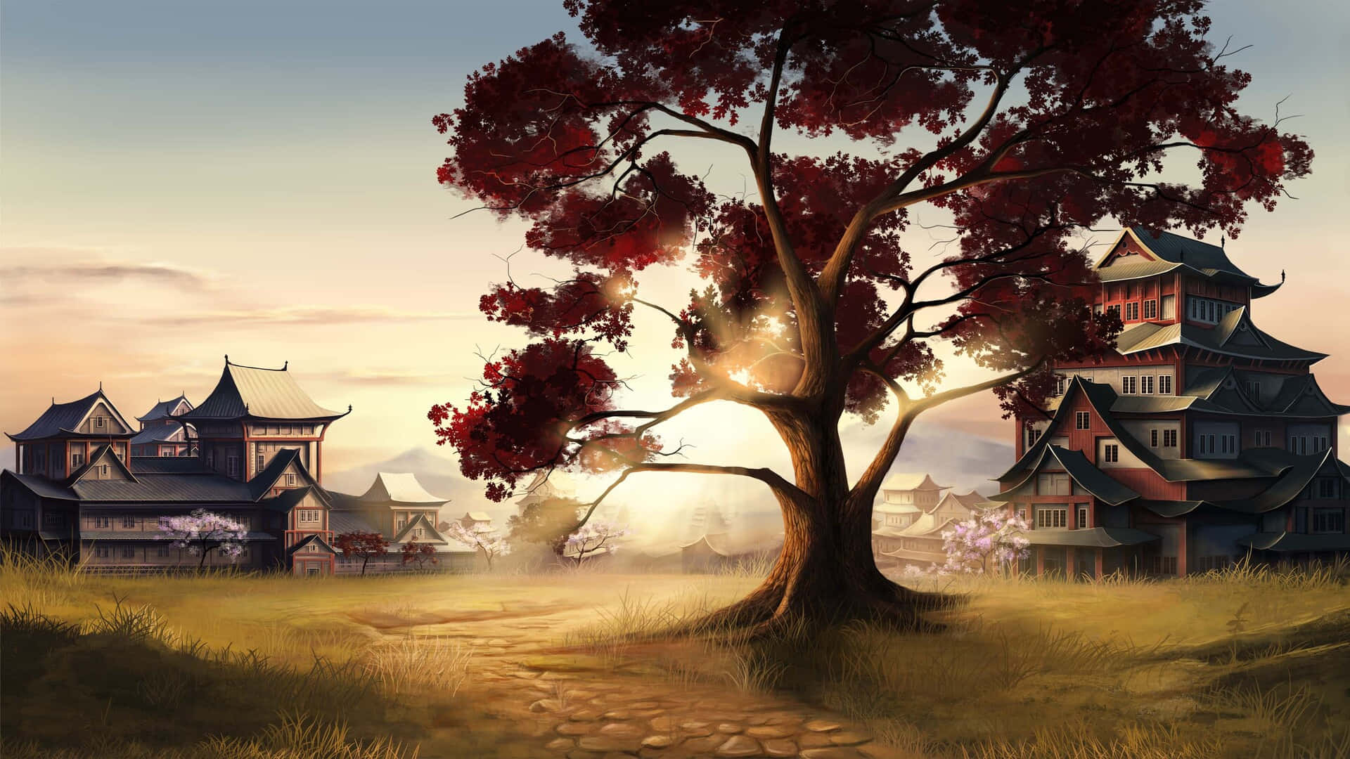 A Painting Of A Tree In Front Of A Castle Background